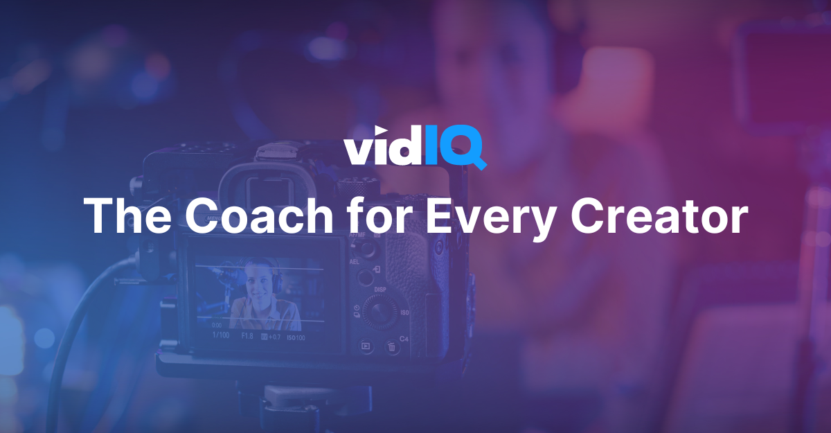 Official vidIQ campaign photo: a camera on set with the line The Coach for Every Creator